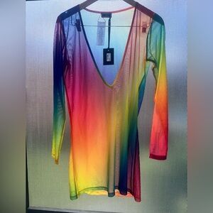 NEW WT Kurt Geiger London Women’s XL Rainbow Sheer Mesh dress/ Coverup VNeck